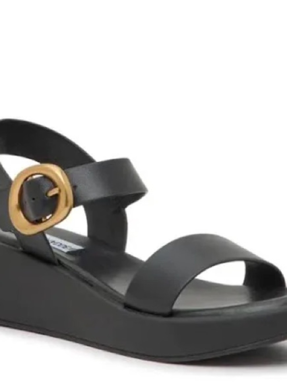 Steve Madden Sedonah Black Wedge Sandal with Gold Buckle - Women 8.5